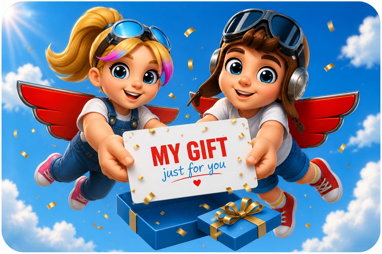 Jessy and Jessica holding a MY GIFT card